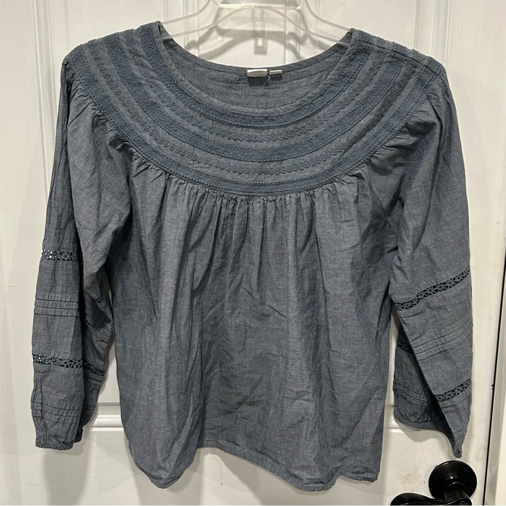 Gap Women’s Blue Lace Trim Long Sleeve Boho Gypsy Top Blouse, Size Large
